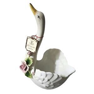 Charming Swan Ceramic Bowl with Pink and Green Floral Details